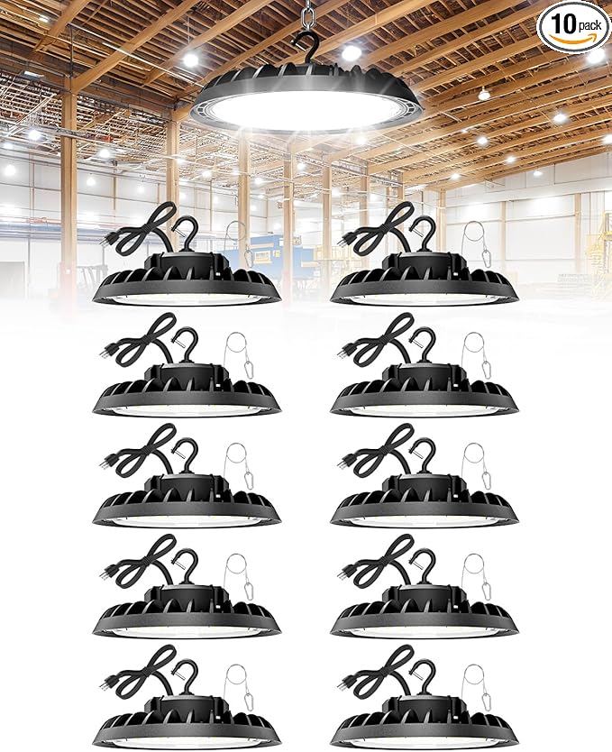 VOLISUN 10 Pack UFO Led High Bay Light 22,500LM, 150W, 5000K Daylight, 100-277V High Bay Led Shop Light, ETL Listed Commercial Bay Lighting for Garage Workshop Barn Factory Warehouse