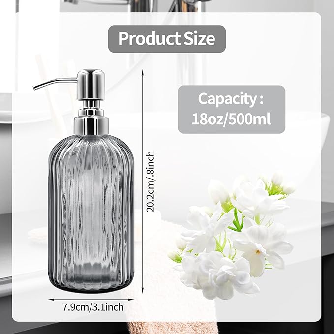 18 Oz Glass Soap Dispenser with Stainless Steel Pump, Modern Ribbed Design Refillable Liquid Soap Bottle for Bathroom, Kitchen, Hand Soap, Dish Soap, or Lotion (Grey)