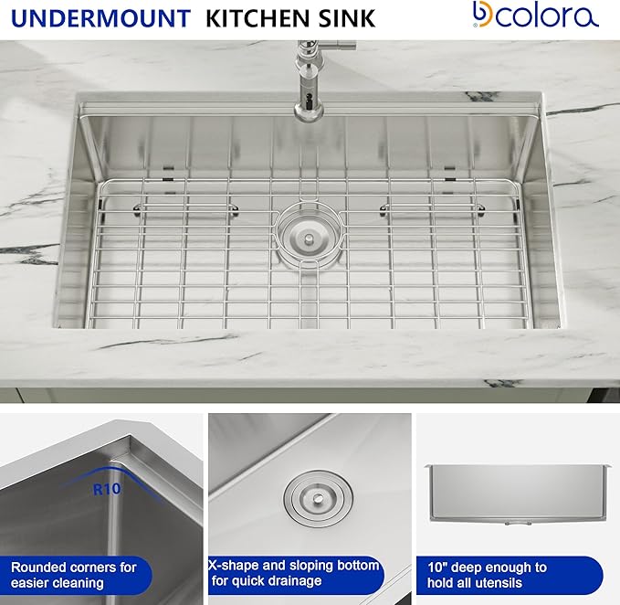 Dcolora 32 Inch Kitchen Sink Undermount Workstation Handmade-Welding 16 Gauge Stainless Steel Large Single Bowl Sinks, Round Corner 32"x19"x10", DC-U7744