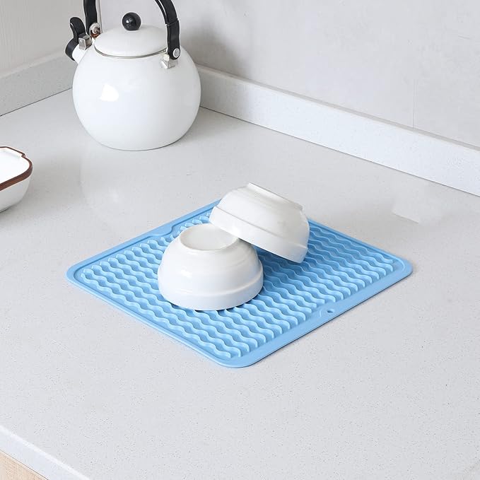 Silicone Dish Drying Mat for Multiple Usage,Easy clean,Eco-friendly,Heat-resistant Silicone Mat for Kitchen Counter or Sink,Refrigerator or Drawer liner Light Blue M 12 inches x 12 inches