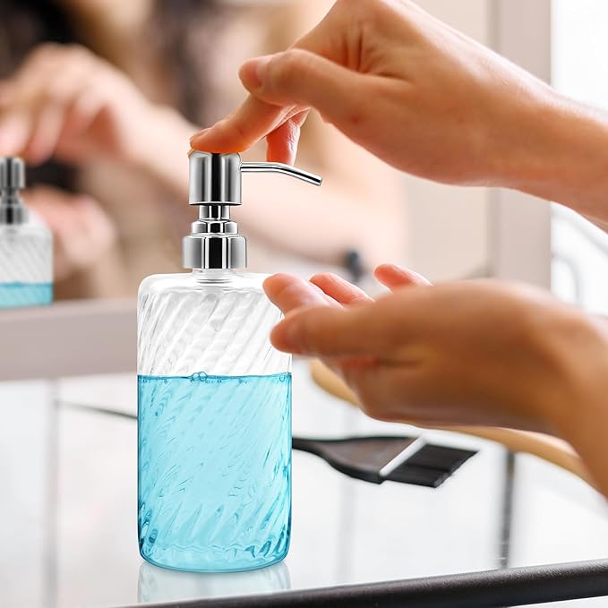 18 Oz Ribbed Glass Soap Dispenser with Stainless Steel Pump, Refillable Liquid Soap Bottle for Bathroom, Kitchen, Hand Soap, Dish Soap, or Lotion