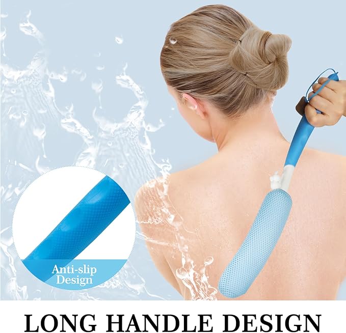 Long Handle Bath Brush Back Scrubber for Use in Shower,Dual-Sided Non Slip Shower Scrubber for Cleaning Body，Exfoliator Wet or Dry Brushing Bath Brush Long Handle for Shower (Green-Green)