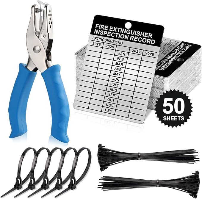 50 Sets Metal Inspection Tags Safety Inspection Tags Fire Extinguisher Inspection Sticker 2.2X3inch Fire Extinguisher Inspection Record Tag 2025-2028 with Handheld Hole Puncher for Indoor Outdoor (50)