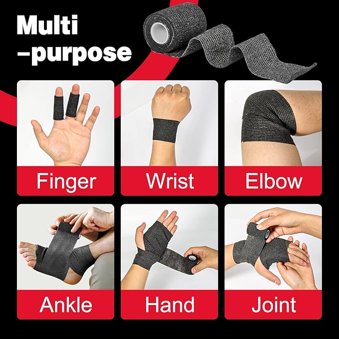AZEN 80 Pack Self Adhesive Bandage Wrap Black, 2" X 5 Yards Black Athletic Tape, Vet Wrap, Tattoo Grip Tape Wrap，Ankle Tape, Cohesive Bandage Wrap