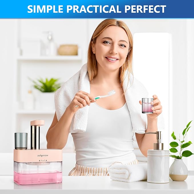 Upgraded Automatic Mouthwash Dispenser for Bathroom,Bathroom Accessories 17.6 FlOz Dispensers with Magnetic Cups,Adjustable Dispensing Levels, Pink