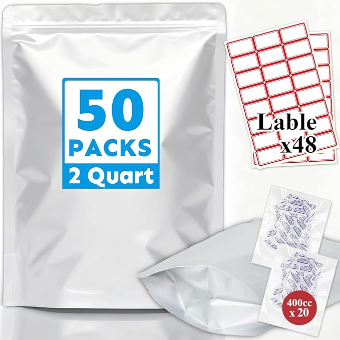 Mylar Bags 2Quart 50PCS 8"X12" for Food Storage with Oxygen Absorbers&Labels,10Mil Thick Resealable Zipper&Heat Seal Stand Up Pouches for Packaging Long Term,Dried Food,BPA Free