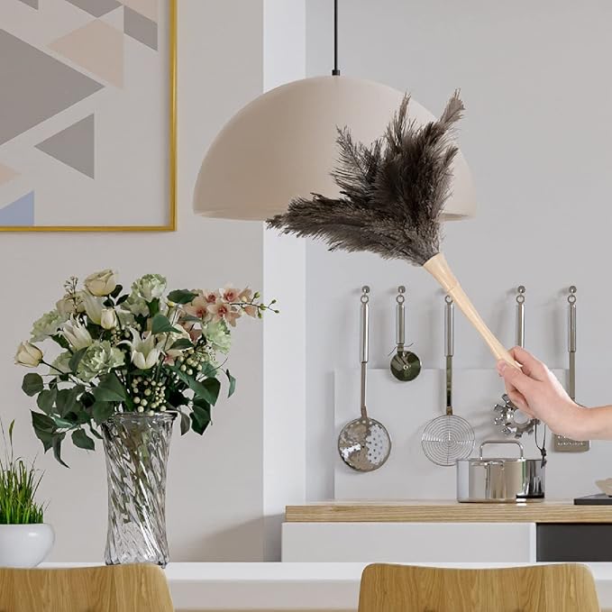 Superio Ostrich Feather Duster Fluffy Dust Remover, with Wooden Handle Reusable for Cleaning Homes, Ceilings, and Furniture (3 Pack) (3 Pack)