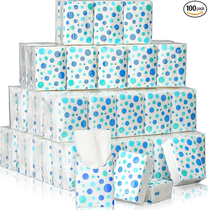 Therwen 100 Pack Pocket Tissues Travel Packs Bulk 1000 Sheet Mini Tissues Bulk 3 Ply Small Travel Size Paper Individual Pocket Size (Polka Dot)