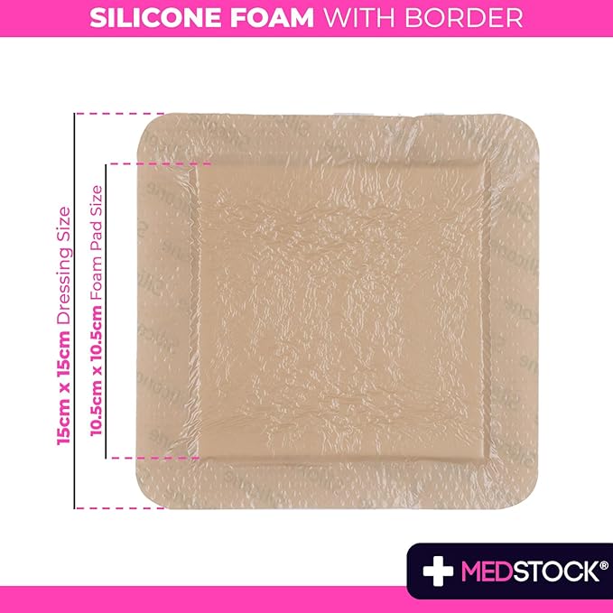 MEDSTOCK Silicone Foam Dressing with Border, 6"x6" (Pack of 5), Wound Care, Super Absorbent, Atraumatic Removal, Five Layers, Waterproof, Seals Wound Edges, No Adhesion Loss