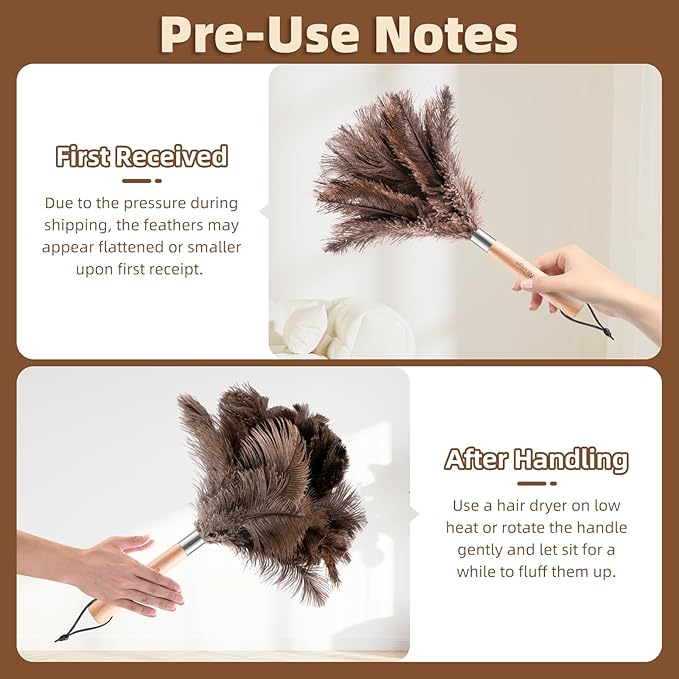 2 PCS Ostrich Feather Dusters with Wooden Handle, 13.5 inch Natural Fluffy Feather Dusters for Dusting Home, Car, Delicate Surfaces, Reusable Soft Cleaning Tools for Ledges, Blinds