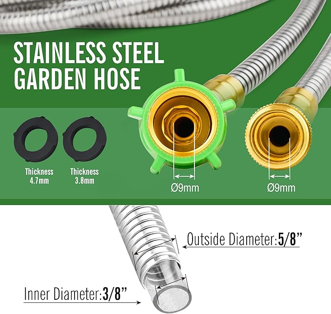 SKYWARD 304 Stainless Steel Garden Hose with Brass Garden Hose Nozzle, Anti-Leakage, Flexible & Lightweight Kink Free Water Hose, Easy to Use & Store (50ft)