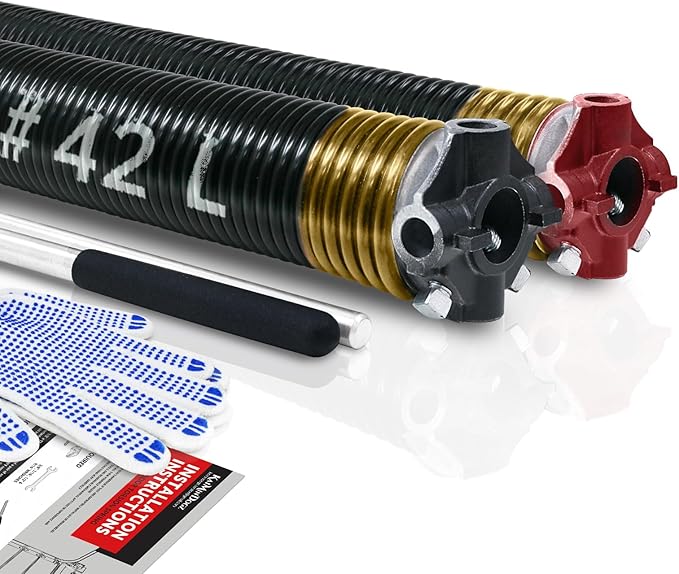 Pair of 2" Garage Door Torsion Springs Set with Non-Slip Winding Bar & Gloves,High Precision Electrophoresis Black Coated, for Replacement & Installation, MIN 16,000 Cycles (0.250x2''x42'')
