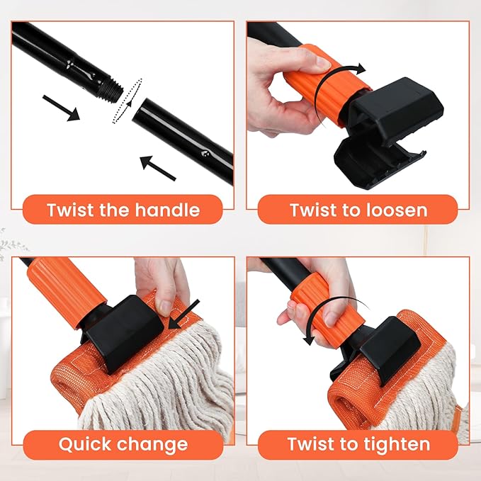 (1PK) Commercial Mop Handle Heavy Duty with Jaw Clamp Industrial Steel Mop Stick with 58” Long Handle Wet Mop Handle Gripper-Savety Orange