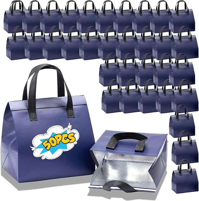 50 Pcs Insulated Take Away Bags, Disposable Lunch Bags For Food Takeaways, Coffee, Milk Tea, Seafood, Pizza, For Restaurants And Grocery Shops 9.5 x 6 x 10 In (Navy Blue)