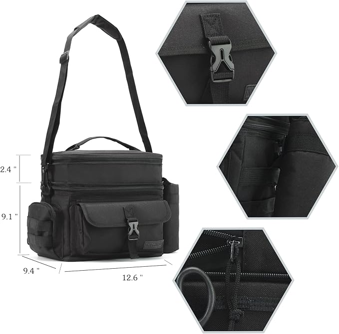MOV COMPRA Tactical Lunch Bag for Men Expandable Double Deck Insulated Lunch Box Leakproof Large Capacity with MOLLE Water Bottle Pouch for Adults for Work Picnic Camping（Black）