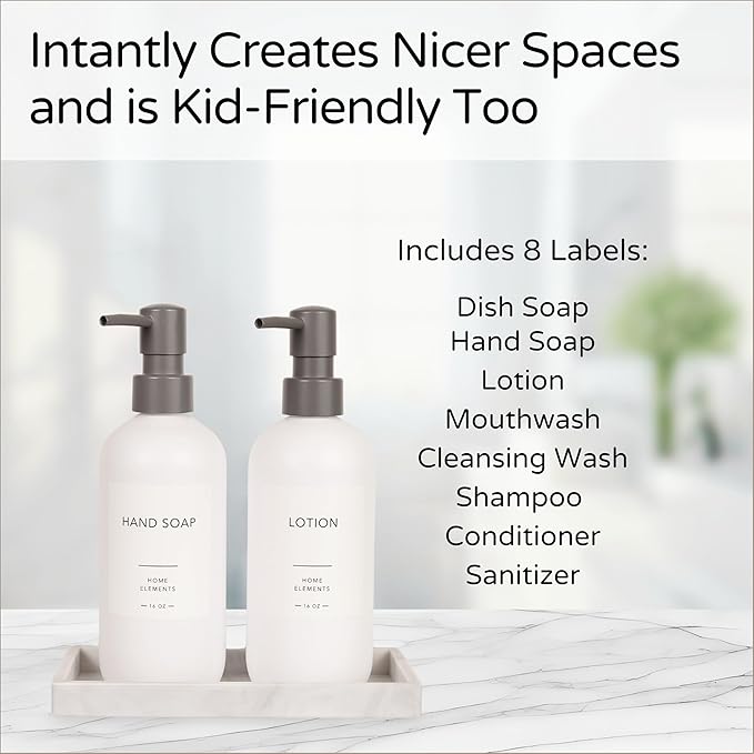 Plastic Soap Dispenser Set - PET Plastic Dish Soap Dispenser for Kitchen, Hand Soap Lotion Bottles with Pump Dispenser for Bathroom, Includes 8 Waterproof Labels and Silicone Tray, 16 oz