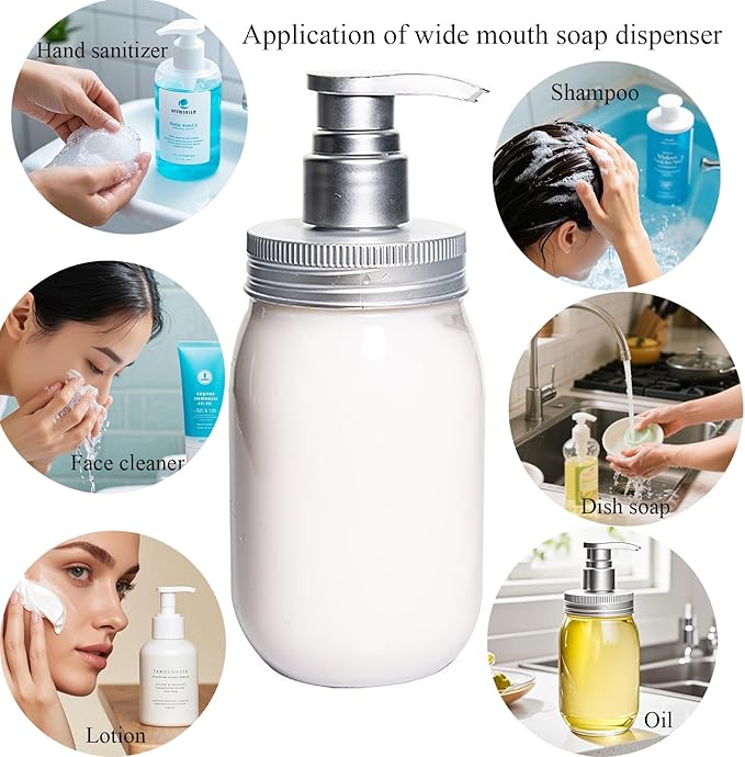 Qeuly 16oz Soap Dispenser, 2 Pack Plastic Pump Bottle Dispenser, Refillable Wide Mouth Jar Style Bathroom/Kitchen Containers for Shampoo, Conditioner, Body Wash, Lotion, Hand Soap & Dish Soap
