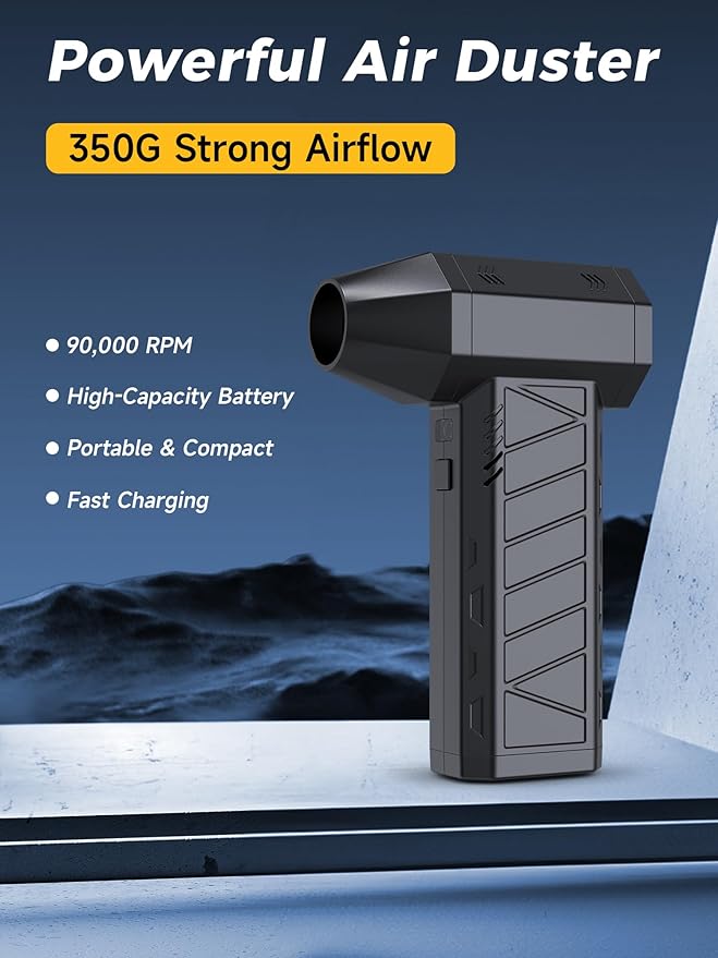 Compressed Air Duster Air Gun - Powerful Cordless Rechargeable 4-Gear Adjustable Air Blower with LED Lighting, for Computer, Keyboard, Car, Outdoor