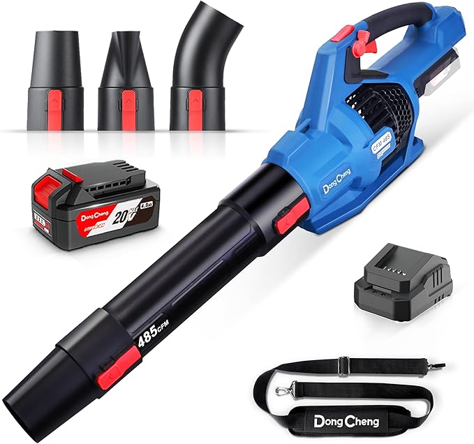 Dong Cheng Brushless 20V Leaf Blower, 485 CFM Variable Speed & Turbo Mode, Cordless Leaf Blower with 3 Nozzles, Shoulder Strap, 4.0Ah Battery and Charger, Blowing Leaves for Patio, Lawn & Garden