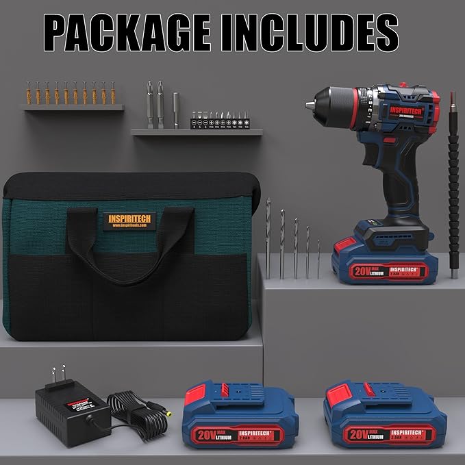 20V Cordless Drill Set, Brushless Power Drill with 2 Batteries and Charger, 3/8-Inch Metal Chuck, 22 Torque Settings, Drill/Driver Bits and Tool Bag Included
