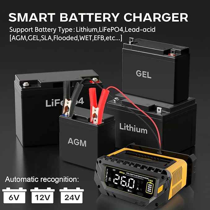 26 AMP Car Battery Charger, 6V/12V/24V Lead-Acid, Lithium, LiFePo4 Smart Battery Charger, Large Screen Trickle Charger, Fully Automatic Chargers and Maintainer for Car, Motorcycle, Lawn Mower