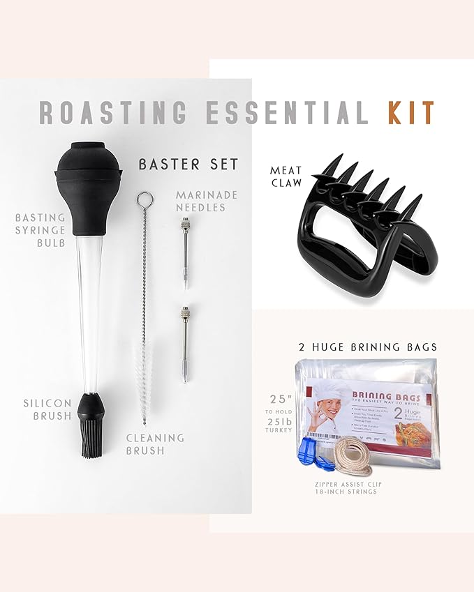 Liquid Solution Two Oversized Heavy Duty Brining Bags, along with Two Strong and Durable Meat Claws and a Turkey baster kit – Perfect for Large Turkey and Meat Roast – Delicious and Efficient