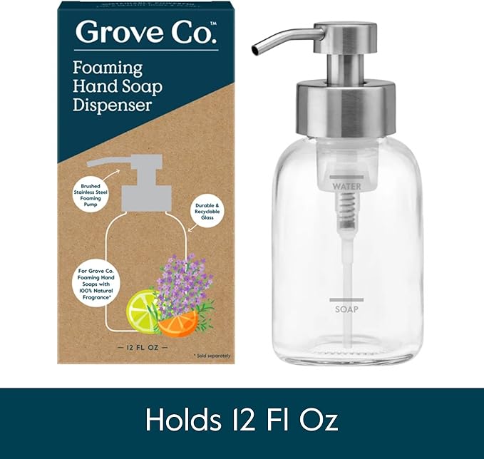 Grove Co. Foaming Soap Dispenser, 2 x Refillable Glass Bottles with Stainless Steel Pump, Reusable Liquid Hand Soap Set for Kitchen or Bathroom, Square Base, Reduce Plastic Waste