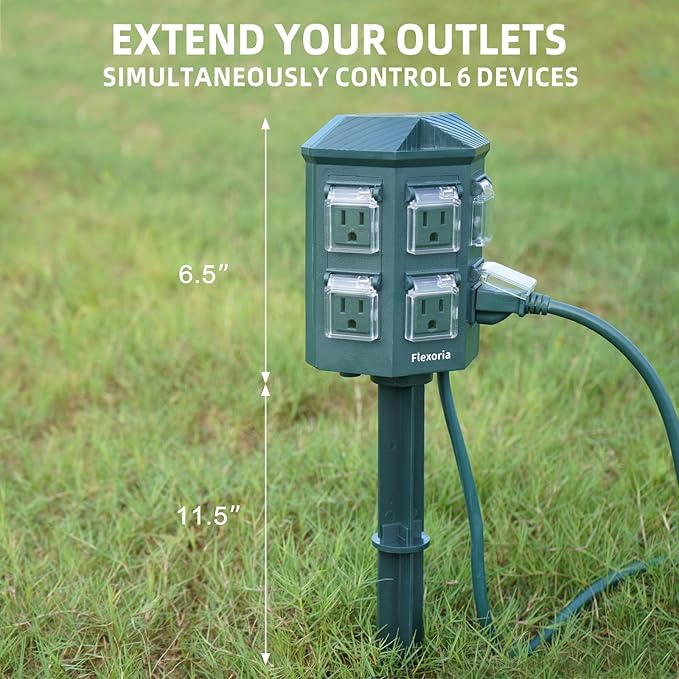 Outdoor Power Stake Timer, Remote Control Dusk to Dawn Light Timer, 50FT Extension Cord Waterproof, 6 Grounded Outlets for Outdoor Christmas Decorations, ETL Listed