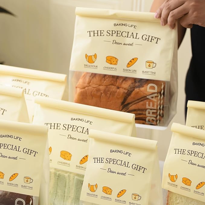 50 Pcs 8.6 Inch Bread Bags with Tin Tie, Bread Pattern Large Loaf Bags Made Of Milky yellow Paper, Storage Packing Bag with Clear Window for Bakery, Cafe, Homemade Bread