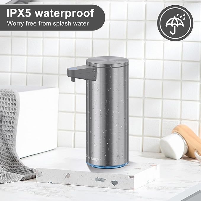 Mbillion Automatic Soap Dispenser Touchless Foaming Soap Dispenser USB Rechargeable Dispenser Electric 5 Levels Adjustable Foam Soap Dispenser Pump for Bathroom Kitchen Dish Soap,Stainless Steel