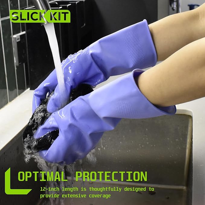 Rubber Kitchen Cleaning Gloves, Reusable Dishwashing Gloves, Non-Slip, with Flocked Liner, 3 Pairs Pink+Yellow+Blue