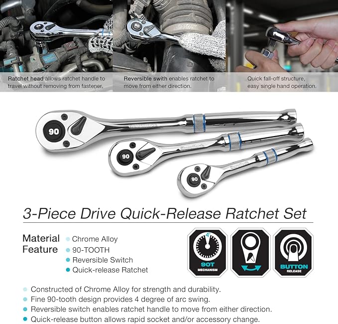 DURATECH 3-Piece Drive Ratchet, 1/4", 3/8", 1/2" 90-Tooth Quick-release Ratchet Wrench, Reversible, Chrome Alloy Made, Full Polished, Mens Stocking Stuffers Gifts for Men Gifts for Women Gifts for Dad