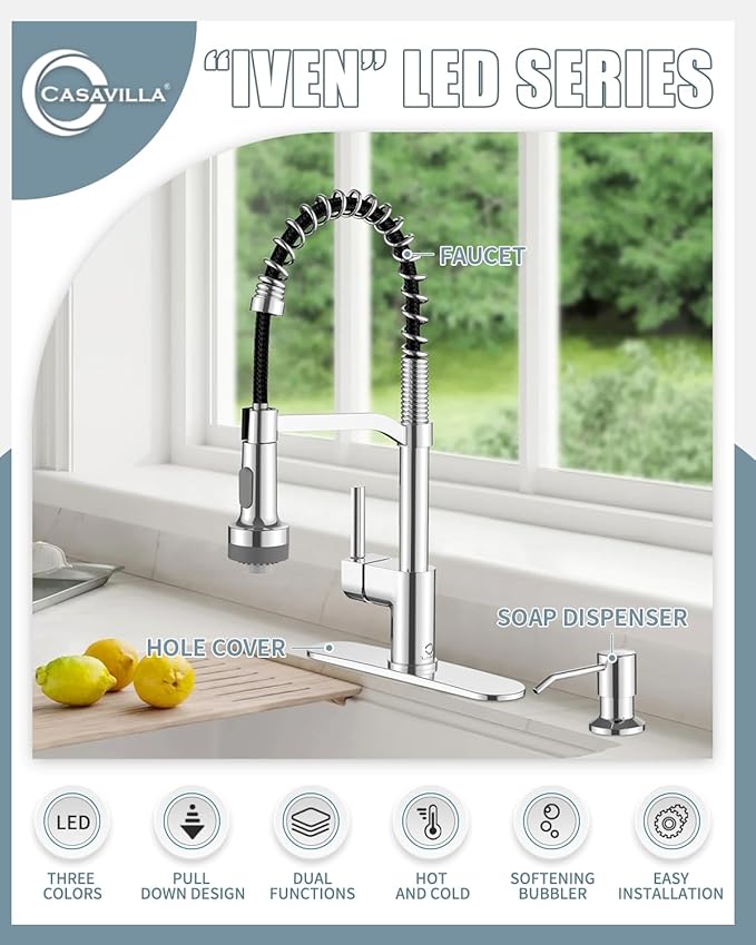 LED Kitchen Faucet with Soap Dispenser, Chrome Kitchen Faucet, Faucet for Kitchen Sink, Single Handle Stainless Steel Camper Farmhouse RV Sink Faucets with Pull Down Sprayer