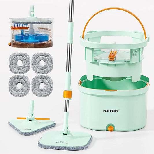 Spin Mop and Bucket Set, Detachable Inner Bucket with Separate Dirty Water System, Deep-Cleaning Mops for Floor/Wall Cleaning with Triangular Head & 4 Microfiber Pads