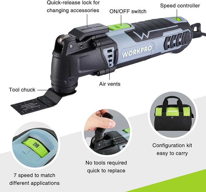WORKPRO Oscillating Multi-Tool Kit, 3.0 Amp Corded Quick-Lock Replaceable Oscillating Saw with 7 Variable Speed, 3° Oscillation Angle, 17pcs Saw Accessories, and Carrying Bag