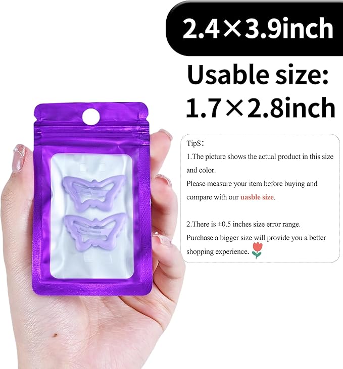 100 Pack Resealable Plastic Bags for Food Storage, Zipper Bags with Clear Front Window, Packaging Pouch for Small Business (Purple, 2.4x3.9 inch)