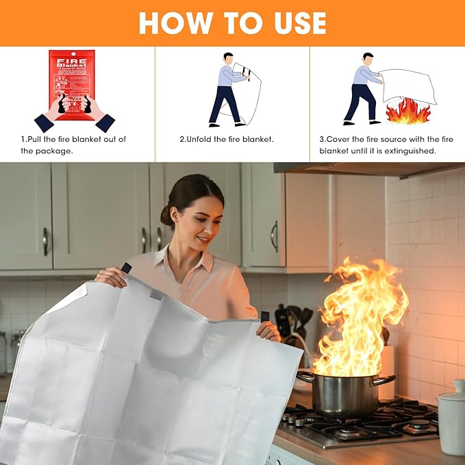 Emergency Fire Blanket, 40"x40" Fiberglass Suppression Fire Retardant Blankets for Home, Kitchen, Camping, Grill, Car, Office, Warehouse with Hooks(4 Pack)