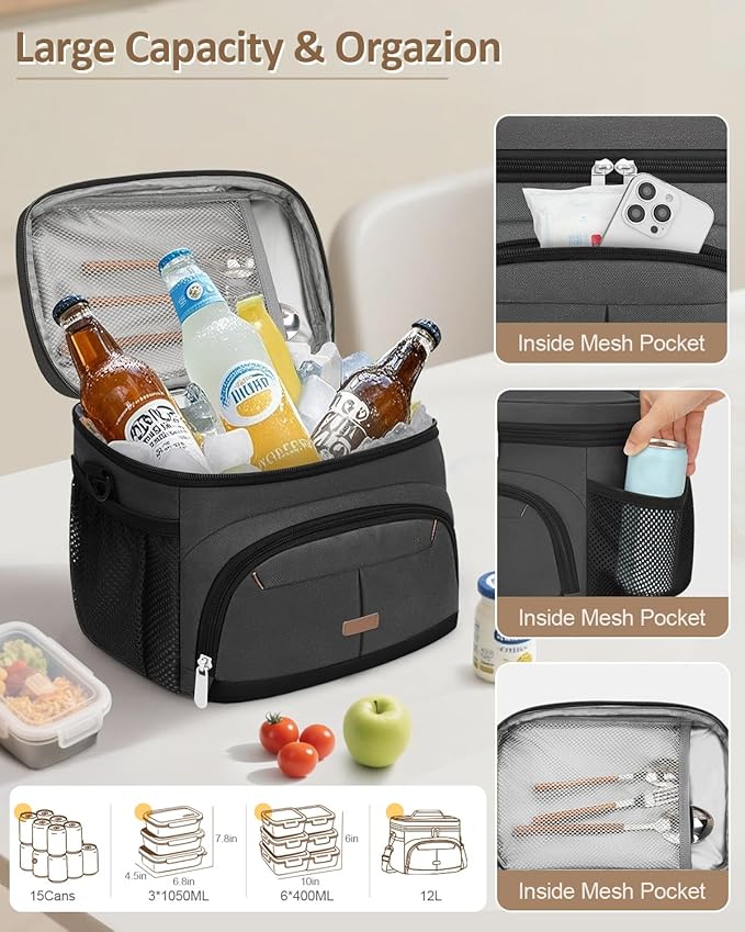 Lunch Box for Man Women, Insulated Lunch Bag Cooler Bag Leakproof Lunchbox Lunch Tote Bags with Removable Strap for Work School Picnic Travel (Grey/12L