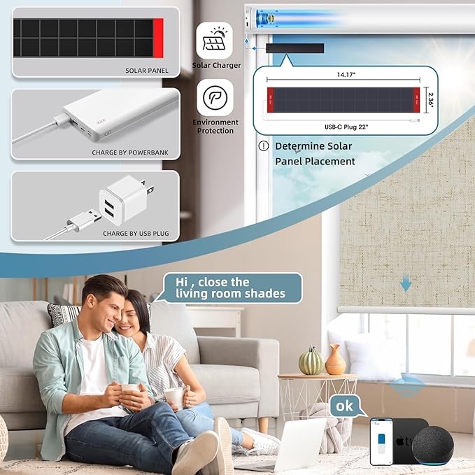 SmartWings Motorized Roller Shades Work with Homekit, 100% Blackout Smart Blinds for Windows, Cordless Remote Control Window Shades, Linen Stone, Customized Size