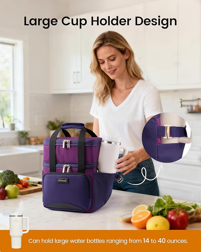 LOVEVOOK Insulated Lunch Bag For Women Men,Expandable Double Deck Lunch Box With Large Cup Holder,Leakproof Cooler Bag For Adult Lunch Tote Bag Work Picnic Beach with Adjustable Shoulder Strap Gift