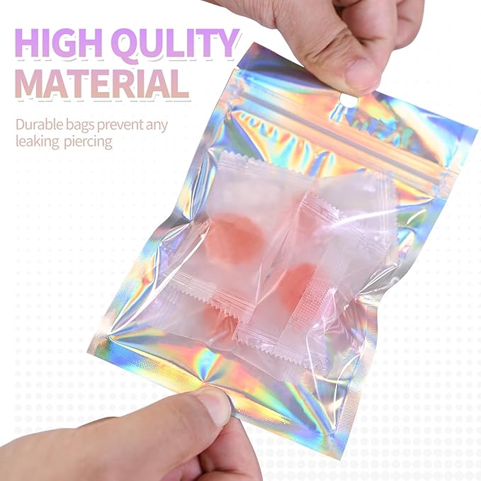 4"X6"120Pcs Resealable Holographic Aluminum Stand Bag for Small Business&Personal, Reusable Smell Proof Mylar Bags with Clear Window Ziploc Foil Pouch for Packaging,Jewelry,Nail Art,Makeup,Candy,Snack