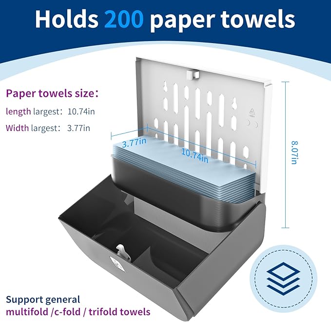 Paper Towel Dispenser Wall Mount, Adhesive No Drilling Multifold Trifold Cfold Commercial Hand Towel Dispenser,Silver-PN6012