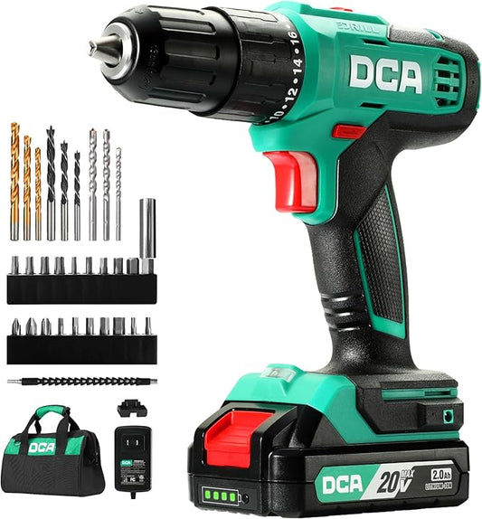 DCA 20V Cordless Hammer Drill Set, 354 In-lbs Torque, 1/2" Keyless Chuck, 22500 IPM, 2 Variable Speeds, 18+1+1 Position, Power Impact drill with 14 Drill/Driver Bits for Brick, Metal, Wood ADJZ2035i13