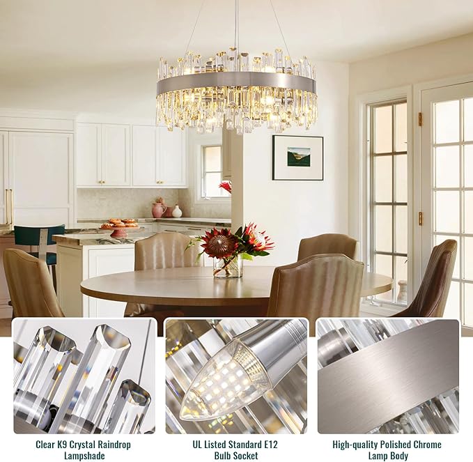 Siljoy Modern Crystal Chandelier for Dining Room, 12 Lights Luxury 2-Tiers K9 Crystal Chandelier Raindrop Pendant Ceiling Light for Living Room Kitchen Island Entry Foyer D23.6'', Brushed Nickel
