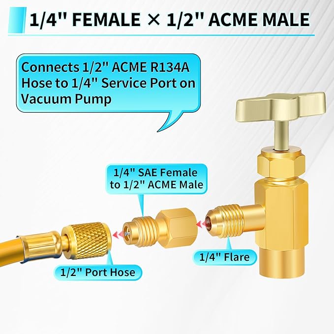 Boltigen R134a Refrigerant Tank Adapters, R12 R22 to R134a Adapter Connector, 1/2 to 1/4 Flare R134a Vacuum Pump Adapter Fittings with Valve Core Remover