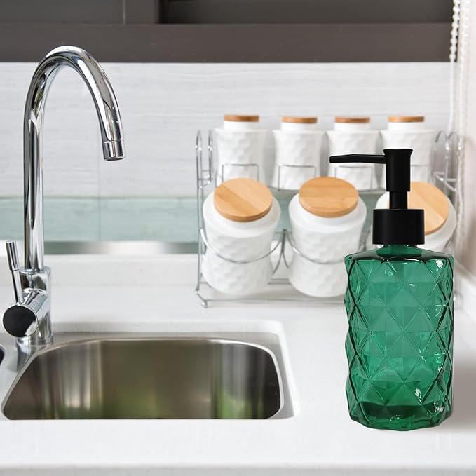 Green Bathroom Soap Dispenser Set with Black Plastic Pump, 12oz Glass Lotion Dispenser, Crystal Hand Soap Dispenser for Modern Home Decor, Kitchen Countertop, Hotel