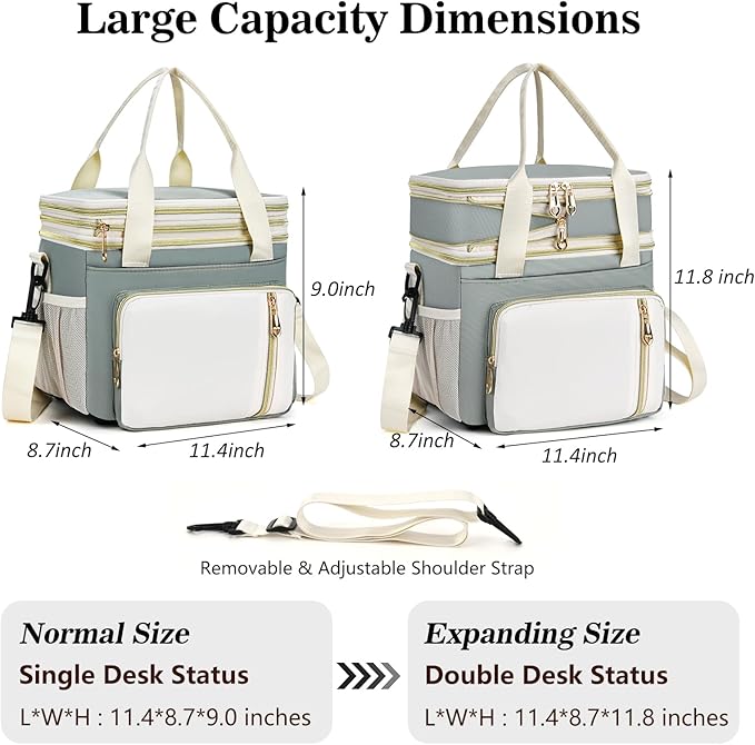 LOKASS Expandable Lunch Box for Women Men Adult Lunchbag Cooler Tote Bag with Adjustable Shoulder Strap Insulated Reusable Womens Lunch Bags for Work Camping Beach 16L, Olive Green