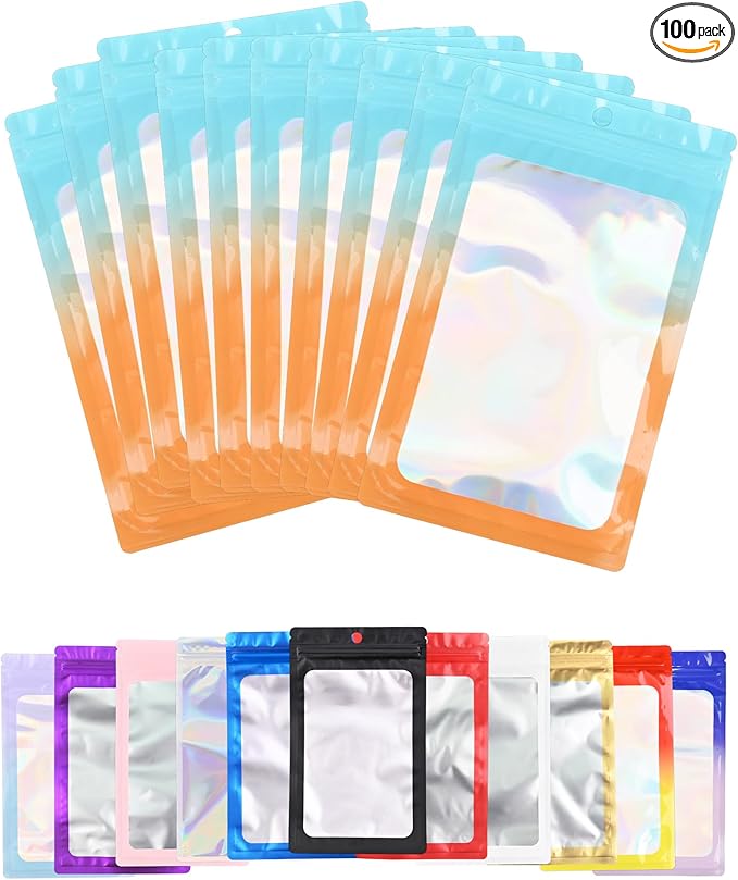 100 Pack Resealable Plastic Bags for Food Storage, Zipper Bags with Clear Front Window, Packaging Pouch for Small Business (Green & Orange, 3.2x5.5 inch)