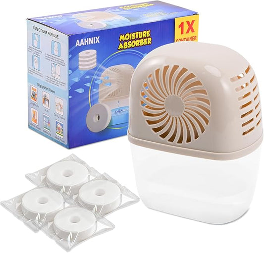 Moisture Absorber with 4 pack Moisture Absorber Refills Tablets, 15.9oz-7"H×5.5"W mini dehumidifier, Bathroom humidity absorber – Prevents Excess Moisture and Fragrance Free