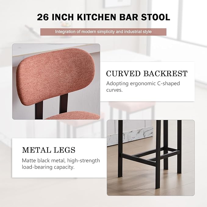 Modern Counter Stools Set of 4, 26" Upholstered Barstools with Back, Sturdy Black Metal Legs Dining Stools with Footrest for Home Pub Kitchen, Orange